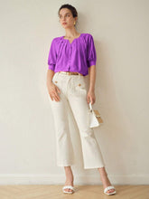 MOTF PREMIUM SOLID NOTCH NECK FOLD PLEATED PUFF SLEEVE BLOUSE